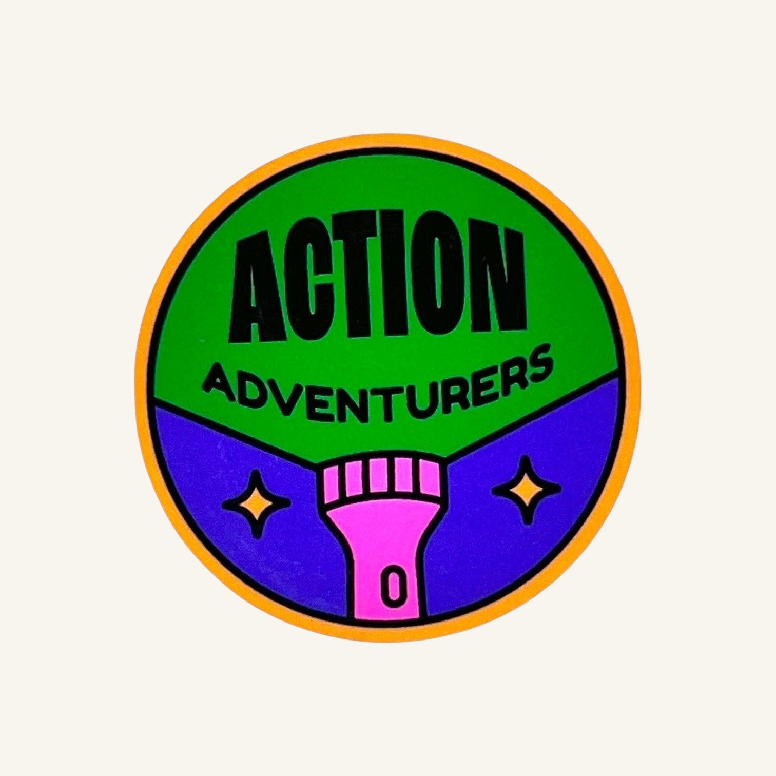 The Curiosity Route round matte vinyl sticker featuring Action Adventurers text with a flashlight icon