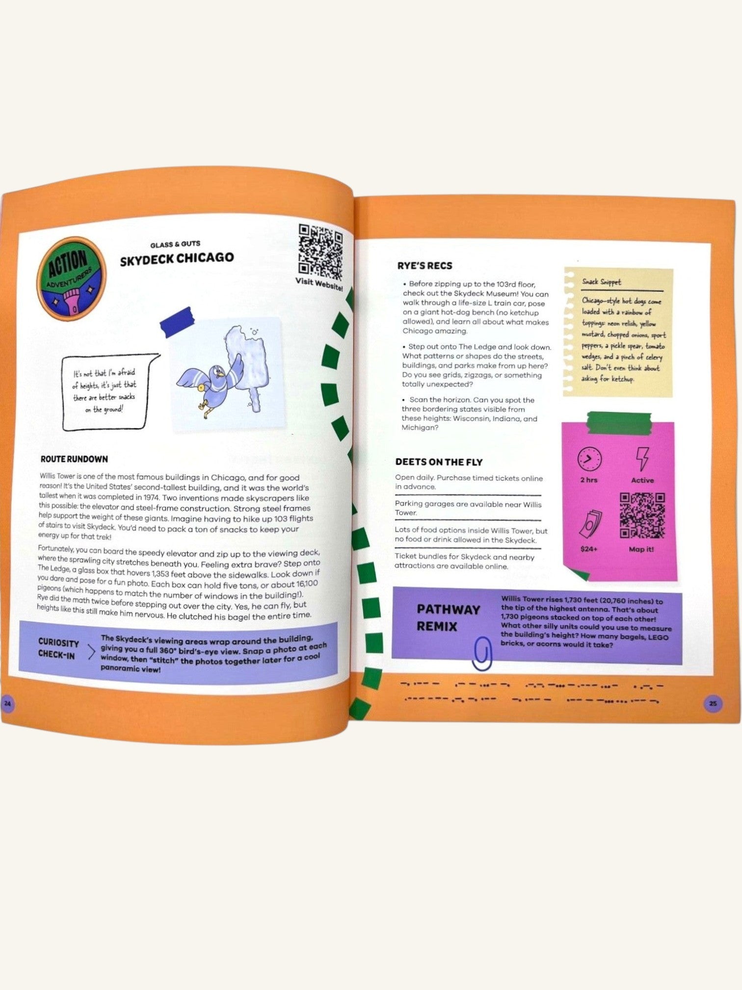Open pages of The Curiosity Route Rye's Field Guide to Chicago showing the Skydeck Chicago mission with illustrations