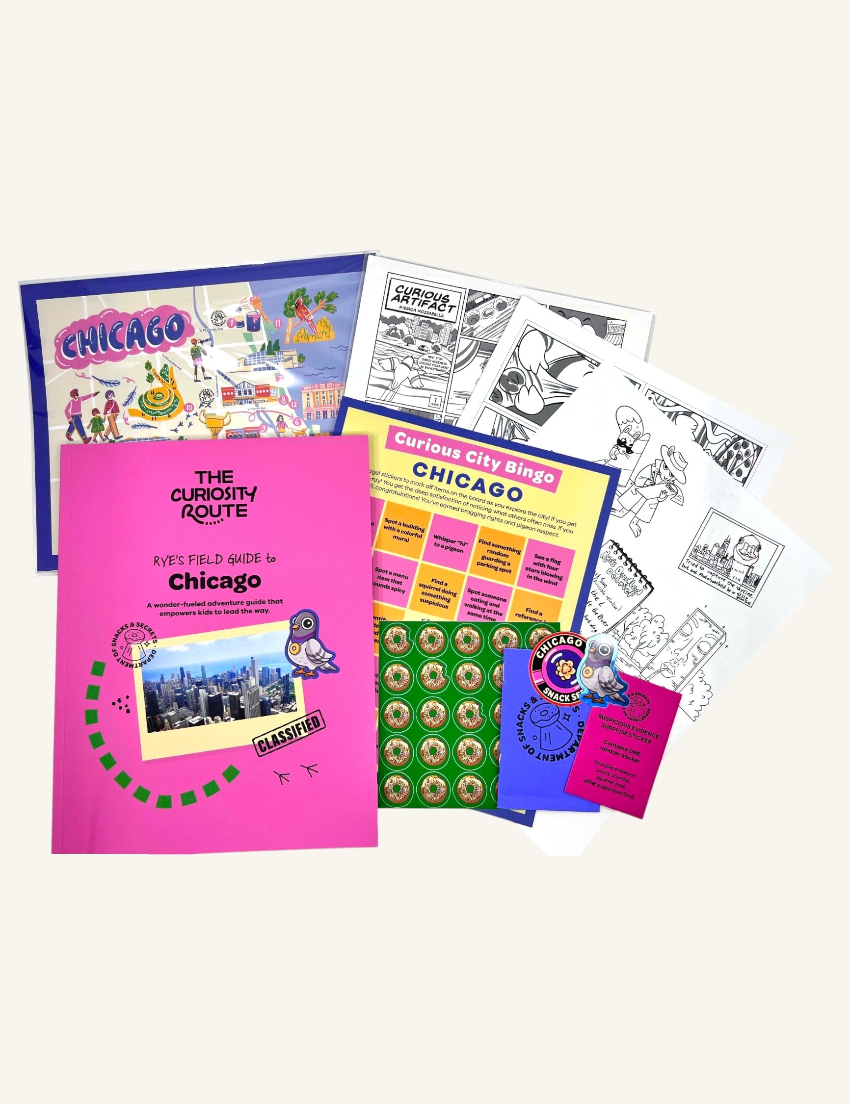 The Curiosity Route Rye's Field Guide to Chicago Print Pack featuring a softcover guide, art prints, and stickers.