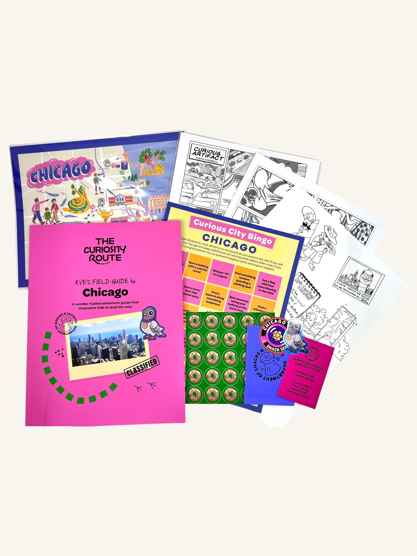 The Curiosity Route Rye's Field Guide to Chicago Print Pack featuring a softcover guide, art prints, and stickers.