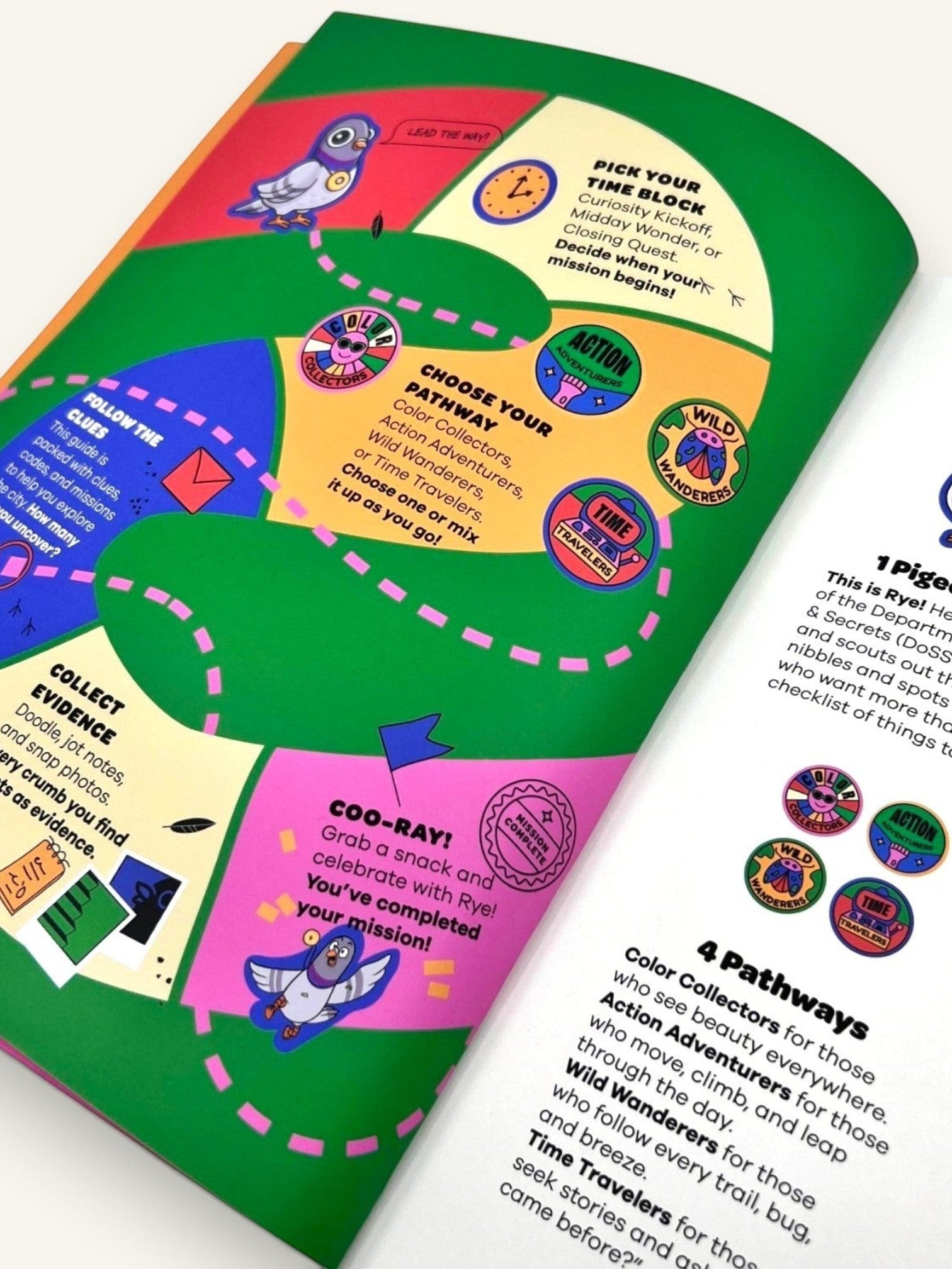 The Curiosity Route Rye's Field Guide to Chicago showing illustrated pathways, mission steps, and a cartoon pigeon.