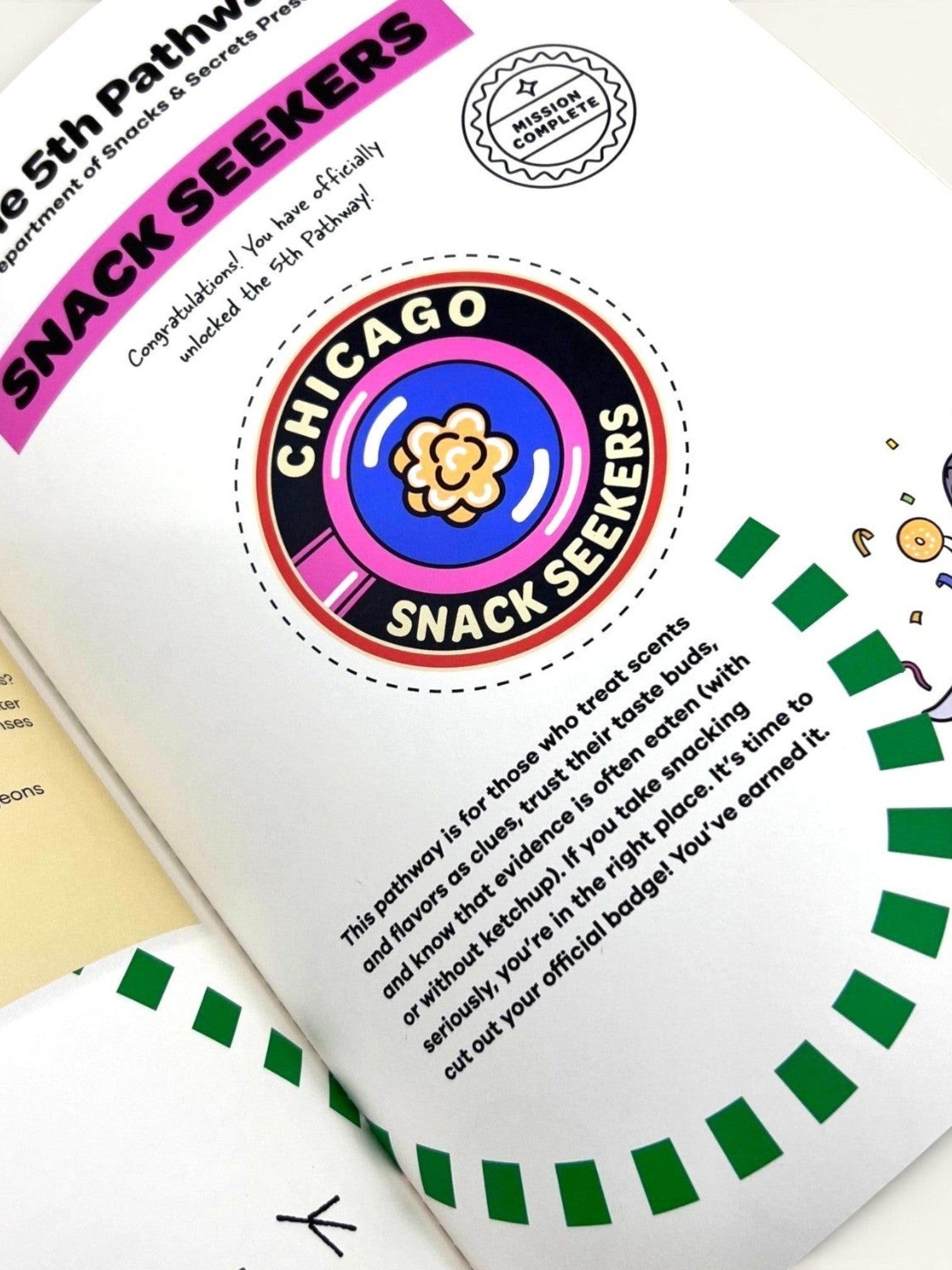 The Curiosity Route Rye's Field Guide to Chicago page featuring the Snack Seekers badge and mission details