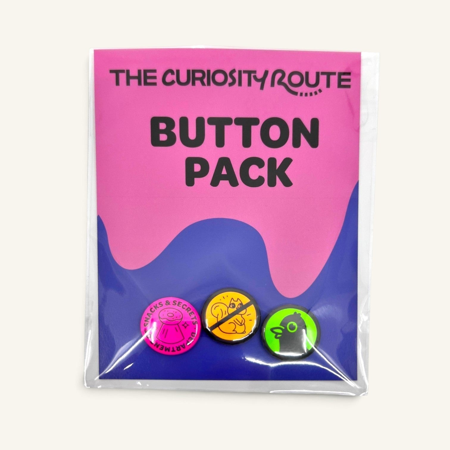 The Curiosity Route DoSS button pack featuring three 1-inch pins with squirrel, pigeon, and snack seal designs.
