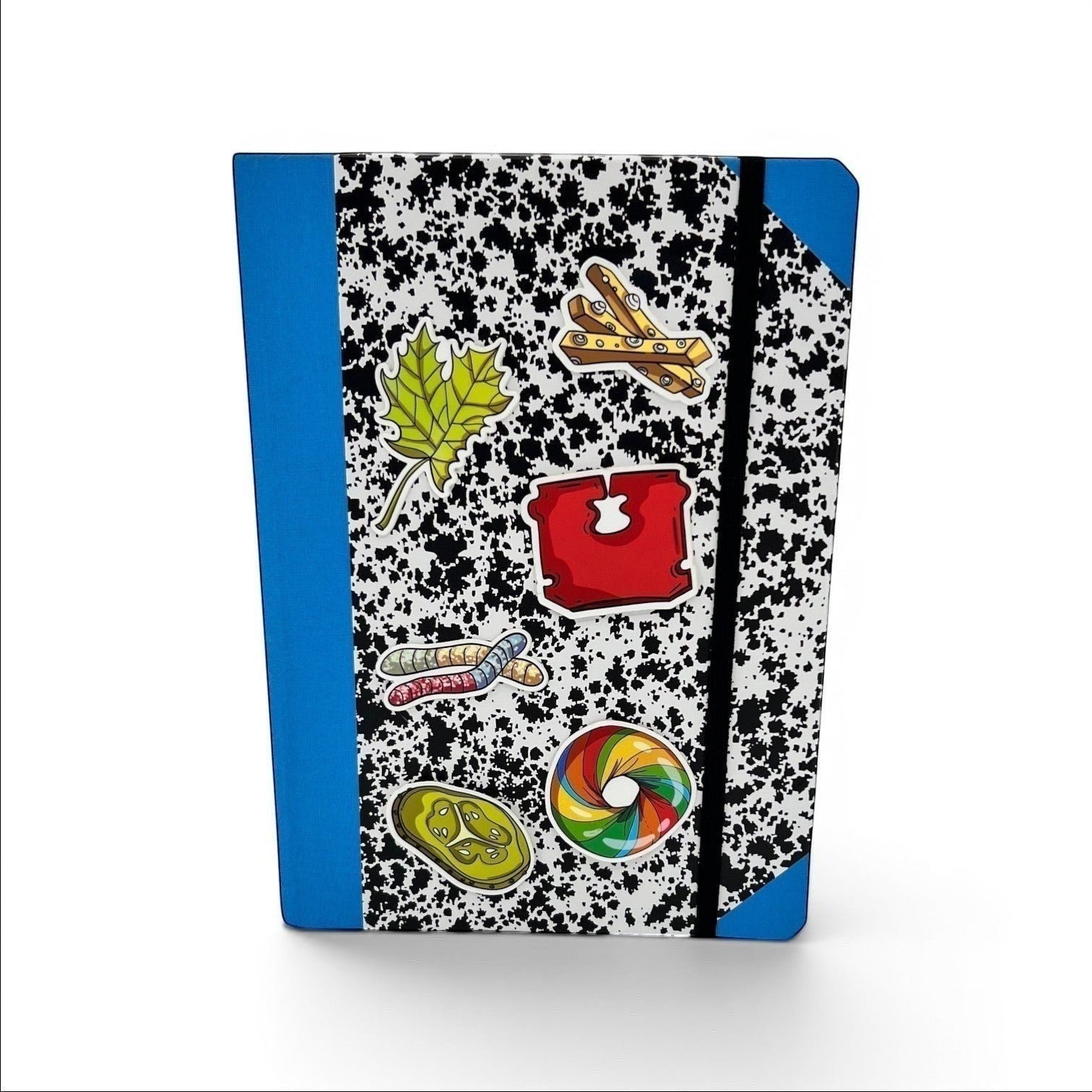 The Curiosity Route matte vinyl Suspicious Evidence stickers featuring food items on a black and white speckled notebook