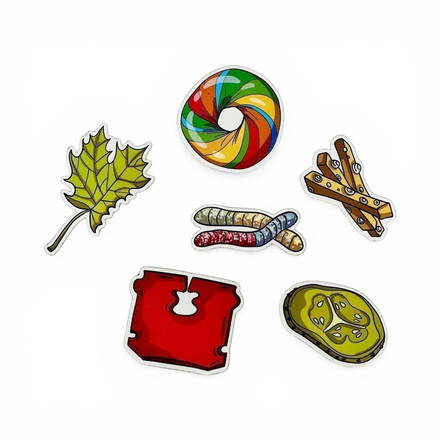 The Curiosity Route matte vinyl stickers featuring evidence like a rainbow bagel, gummy worms, and a pickle slice.