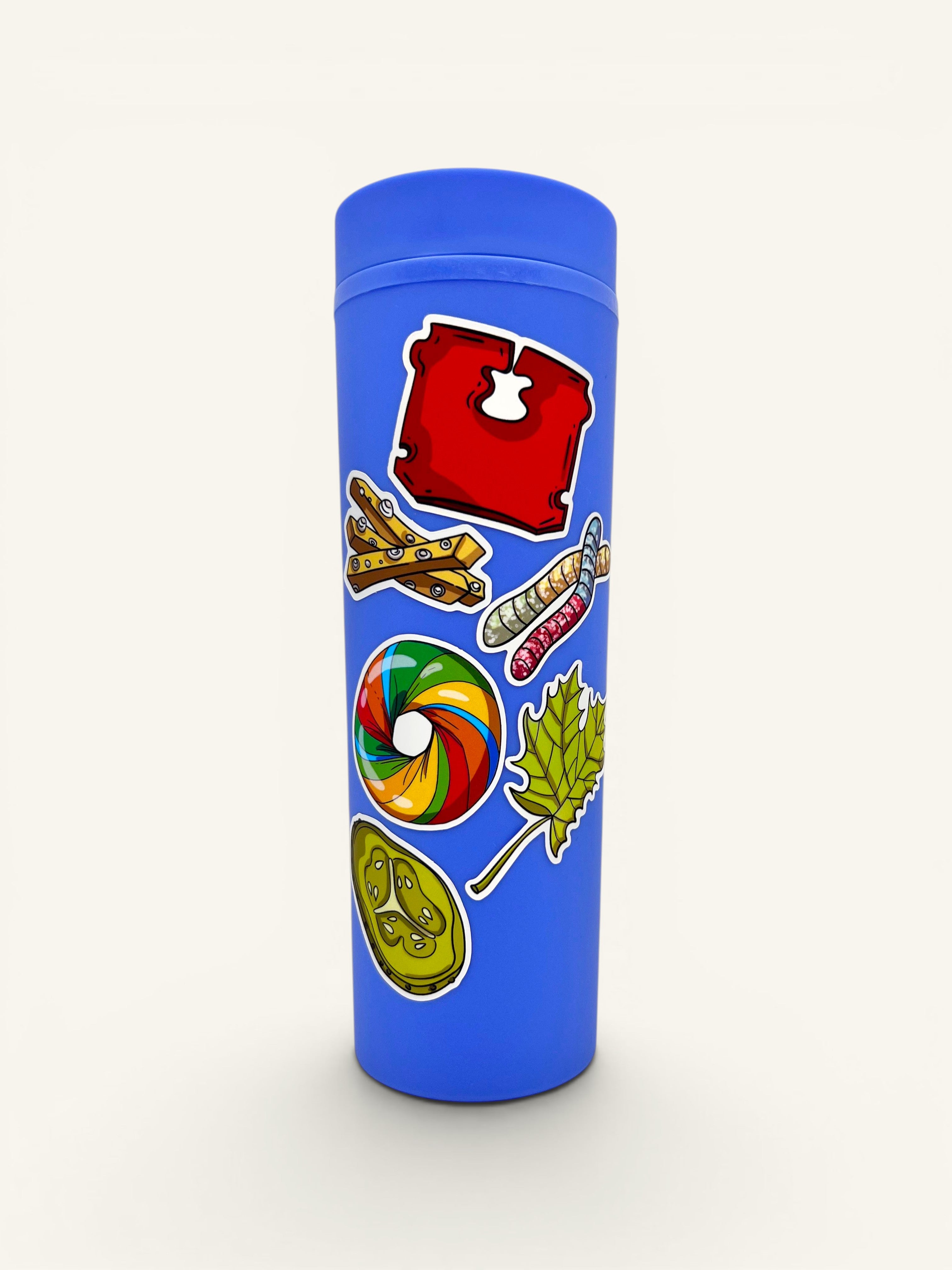 The Curiosity Route Suspicious Evidence stickers featuring food items applied to a blue water bottle.