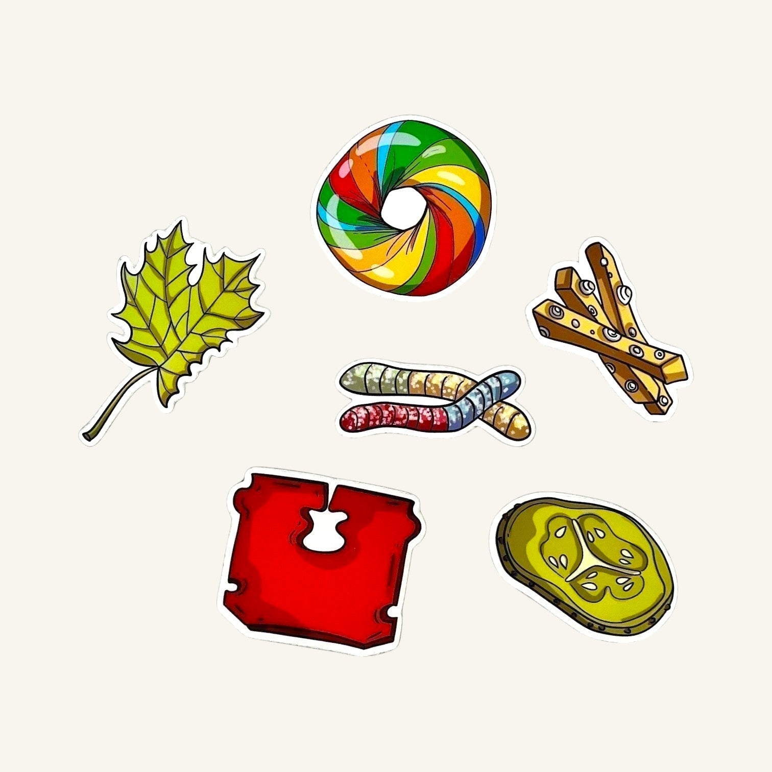 The Curiosity Route matte vinyl stickers featuring illustrated evidence like a rainbow bagel, maple leaf, and snacks.