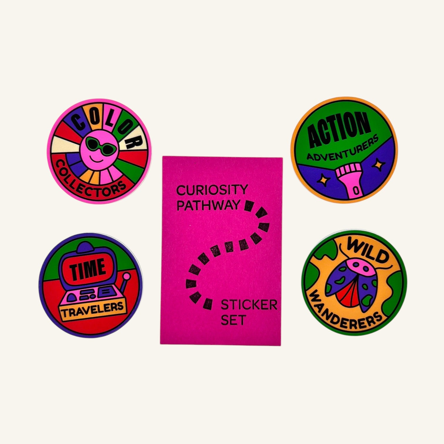 The Curiosity Route waterproof matte vinyl sticker set featuring four colorful explorer-themed circular designs.