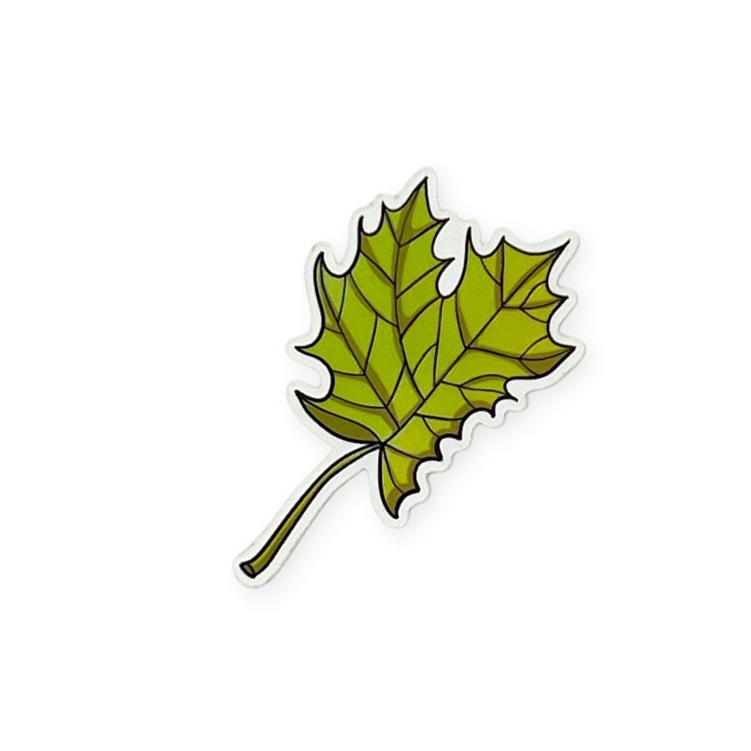 The Curiosity Route matte vinyl sticker featuring a green nibbled maple leaf evidence design.