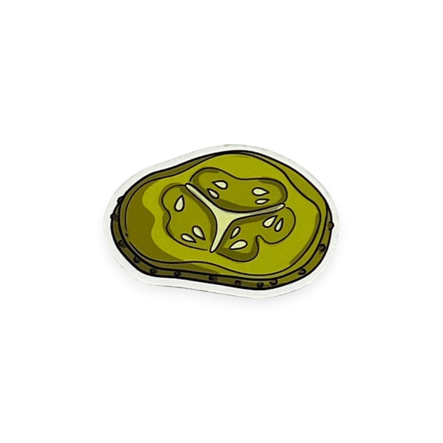 The Curiosity Route matte vinyl pickle slice sticker, a green illustrated food evidence piece for laptops or bottles.