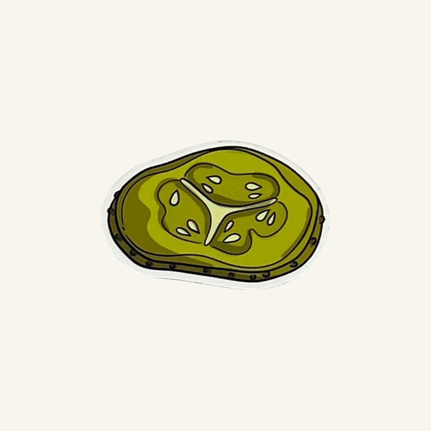 The Curiosity Route matte vinyl pickle slice sticker, a green illustrated food evidence piece for laptops or bottles.