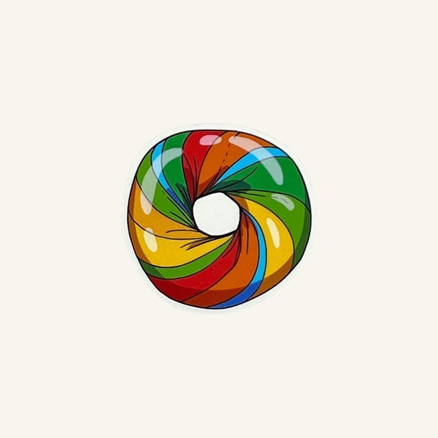 The Curiosity Route matte vinyl sticker featuring a colorful rainbow bagel design on a white background.