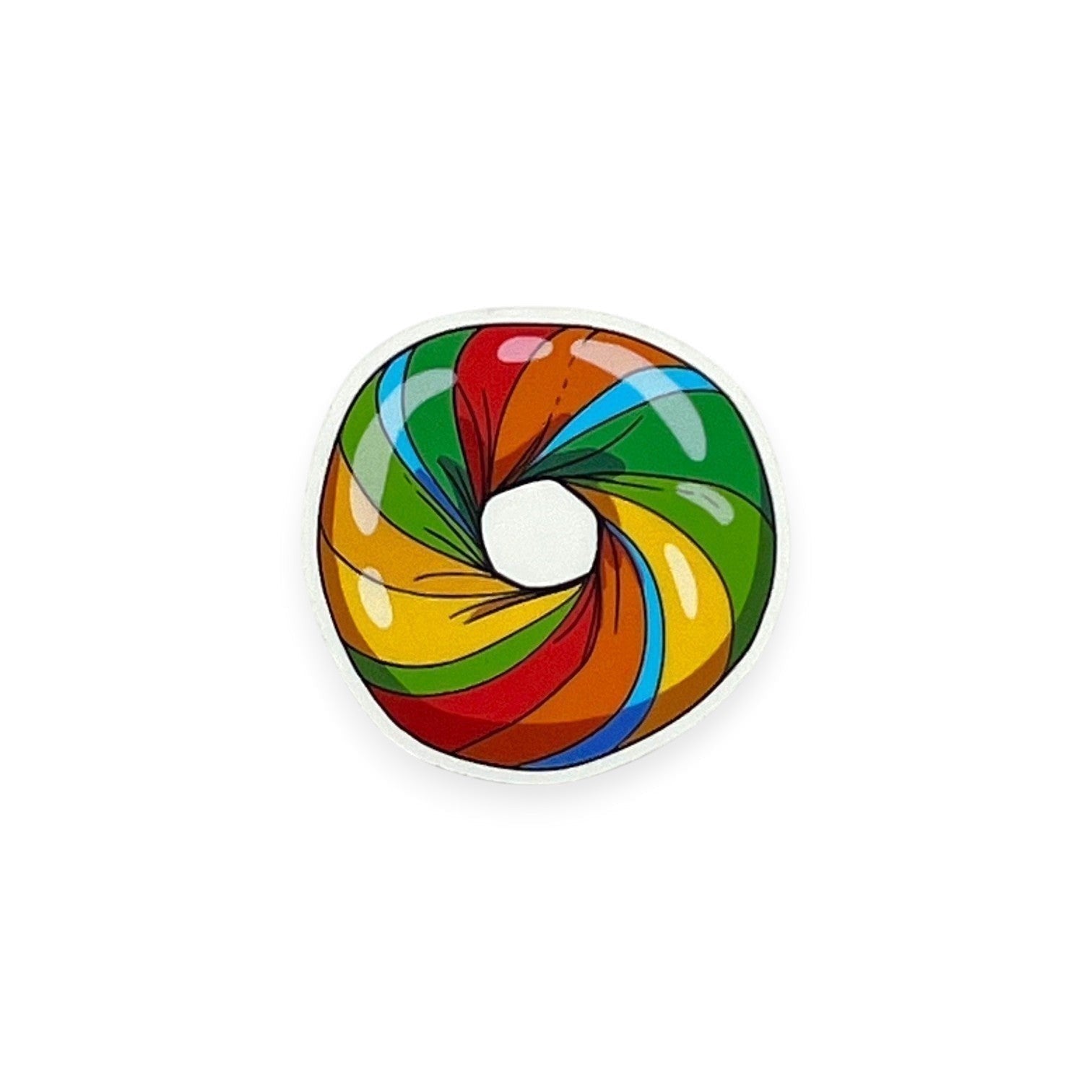 The Curiosity Route matte vinyl sticker featuring a colorful rainbow bagel design on a white background.