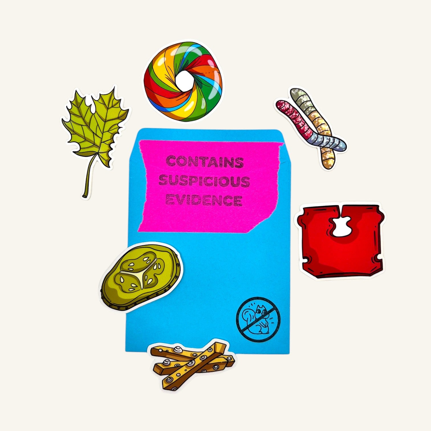 The Curiosity Route Suspicious Evidence stickers featuring a rainbow bagel, pickle, fries, leaf, and bread clip.