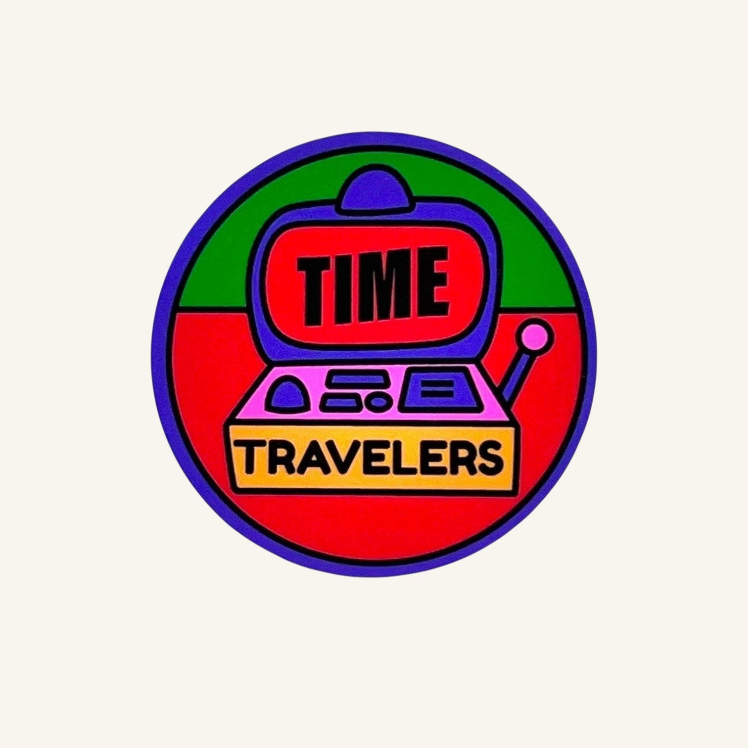 The Curiosity Route round matte vinyl sticker featuring a colorful Time Travelers machine design.