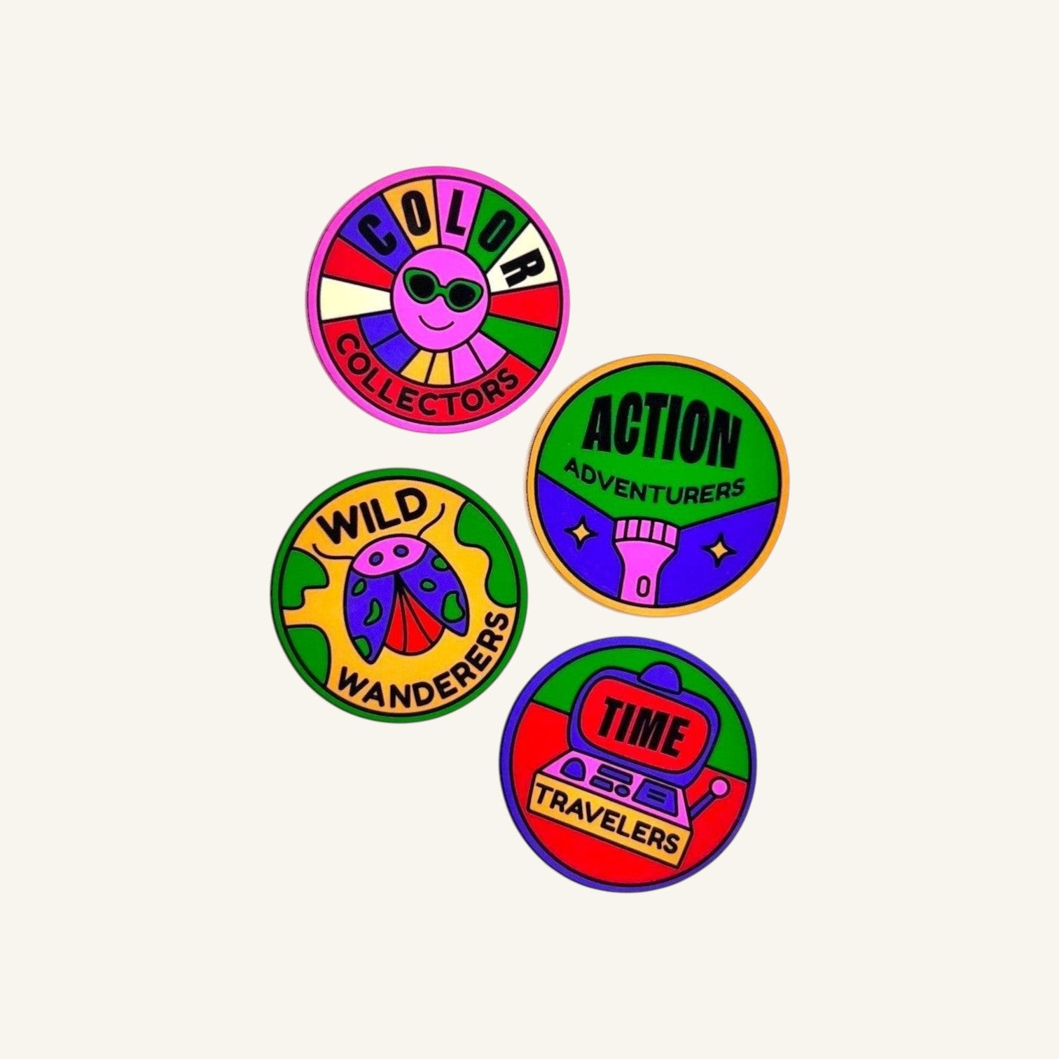 The Curiosity Route circular matte vinyl stickers featuring colorful designs for color collectors and adventurers.