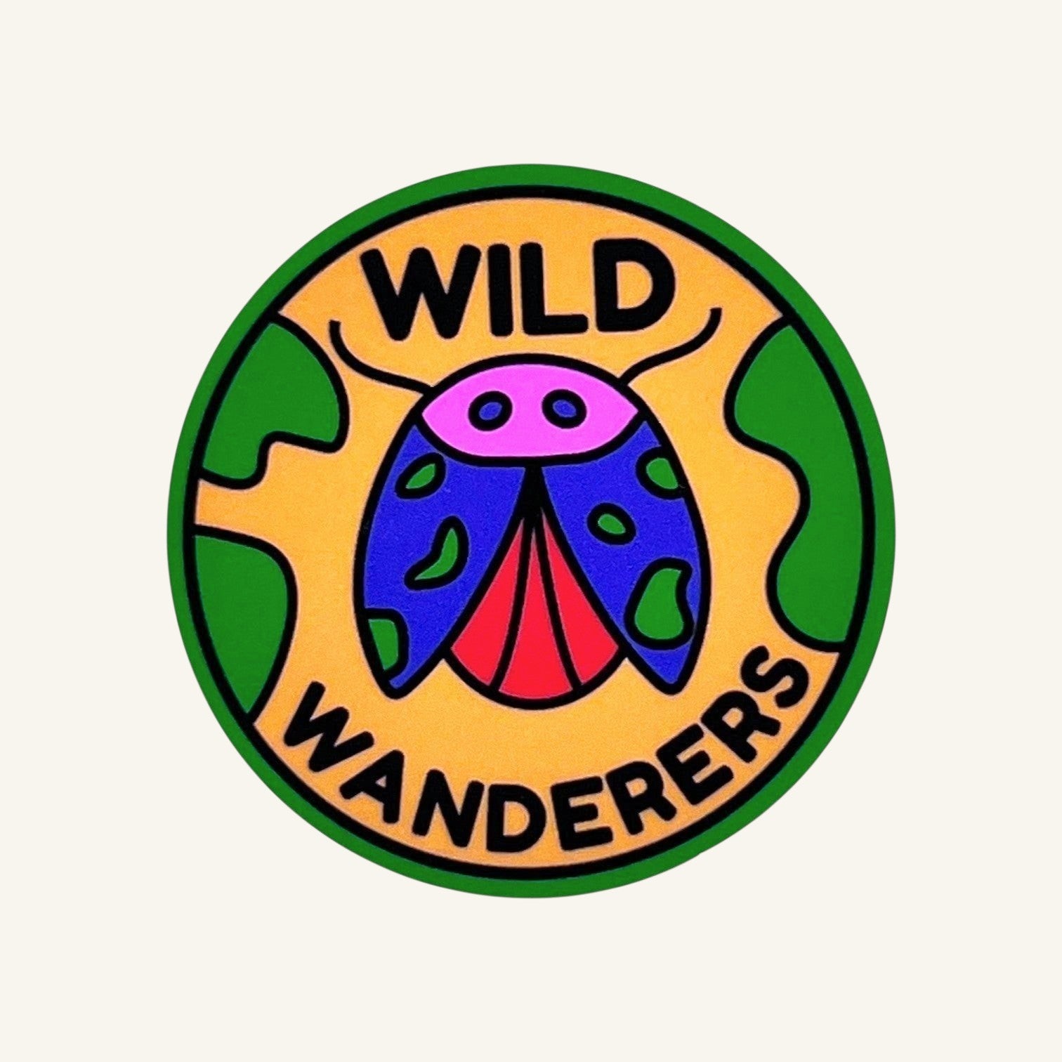 The Curiosity Route round matte vinyl sticker featuring a colorful beetle illustration and Wild Wanderers text.